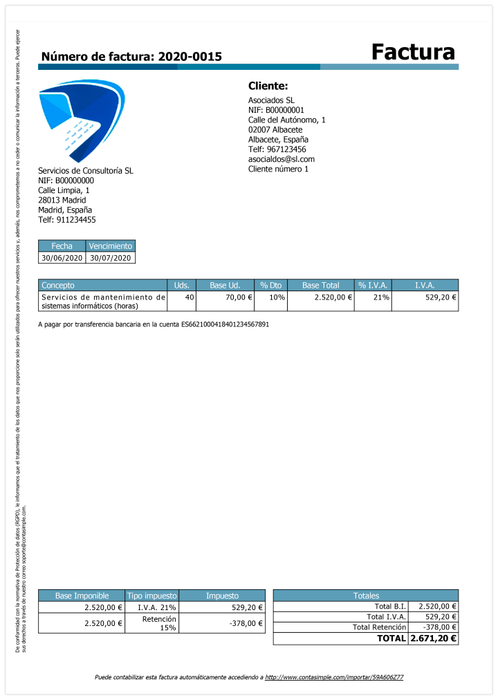 Modelo Factura Con Irpf Factura-con-descuento-y-retención-de-IRPF - Blog Contasimple